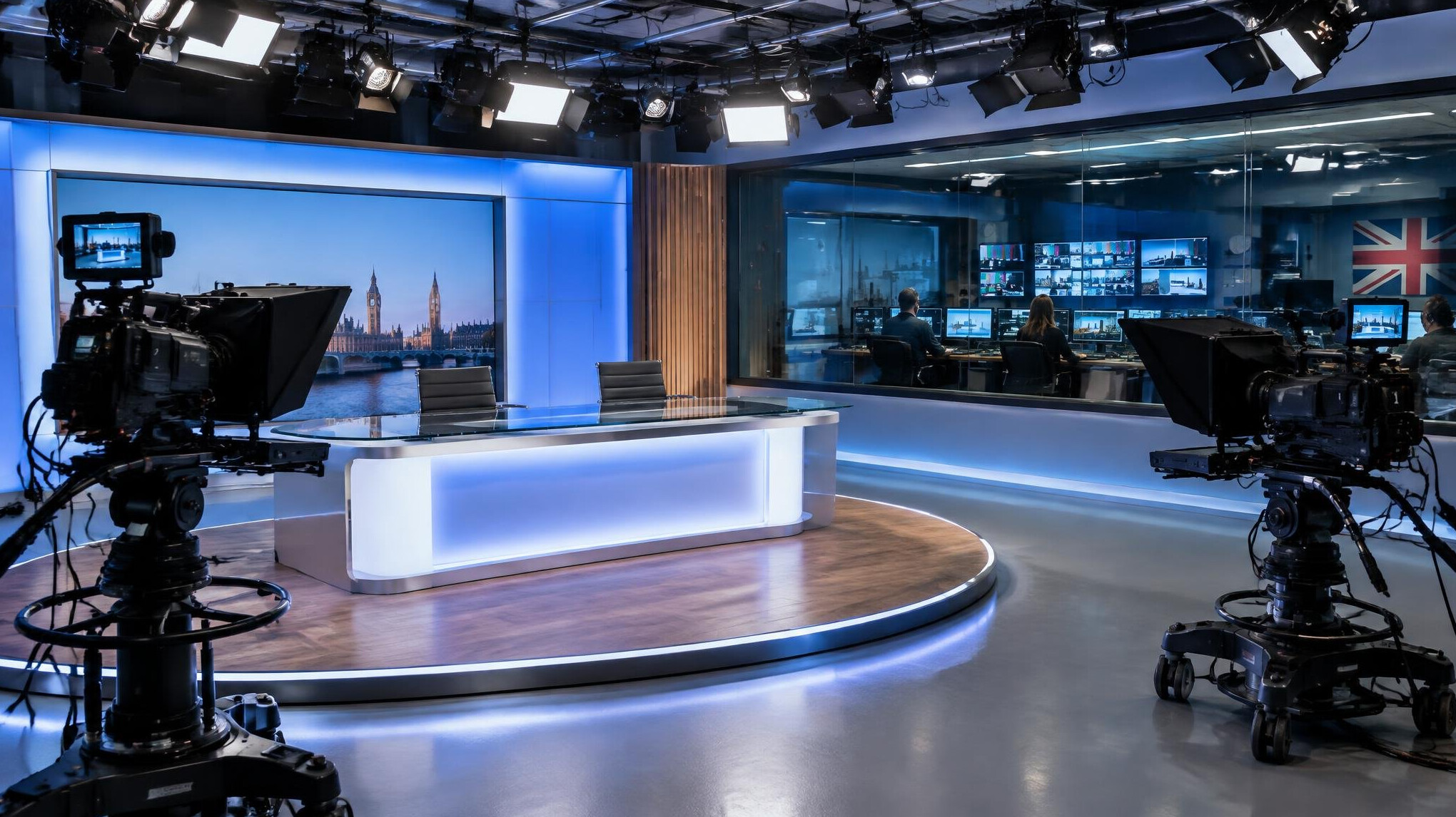 Modern television training studio with cameras and a lit set